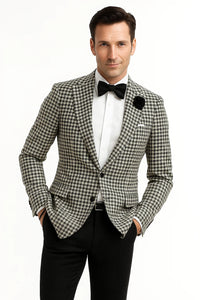 Mens Houndstooth Blazers Mens Two Button houndstooth checkered Designed  Black ~ White Blazer