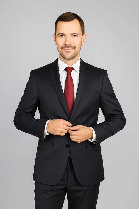 Mantoni Suit - Signature Menswear Wool Fabric SuitsOutlet - Men's Black 2-Button Slim-Fit Suit - High End Suits - High Quality Suits