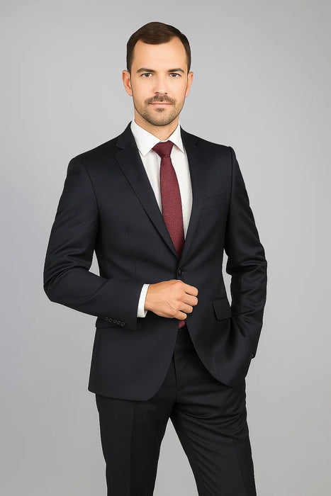 Mantoni Suit - Signature Menswear Wool Fabric SuitsOutlet - Men's Black 2-Button Slim-Fit Suit - High End Suits - High Quality Suits