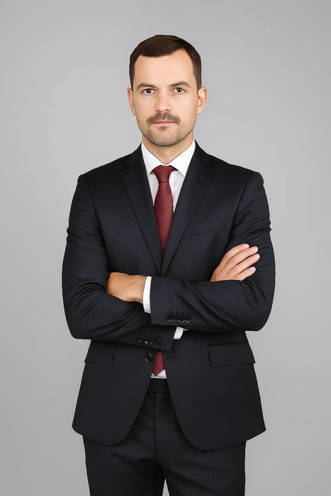 Mantoni Suit - Signature Menswear Wool Fabric SuitsOutlet - Men's Black 2-Button Slim-Fit Suit - High End Suits - High Quality Suits