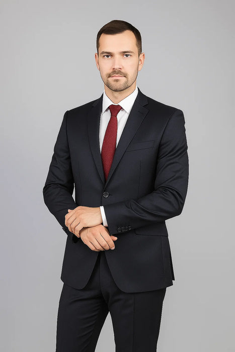 Mantoni Suit - Signature Menswear Wool Fabric SuitsOutlet - Men's Black 2-Button Slim-Fit Suit - High End Suits - High Quality Suits