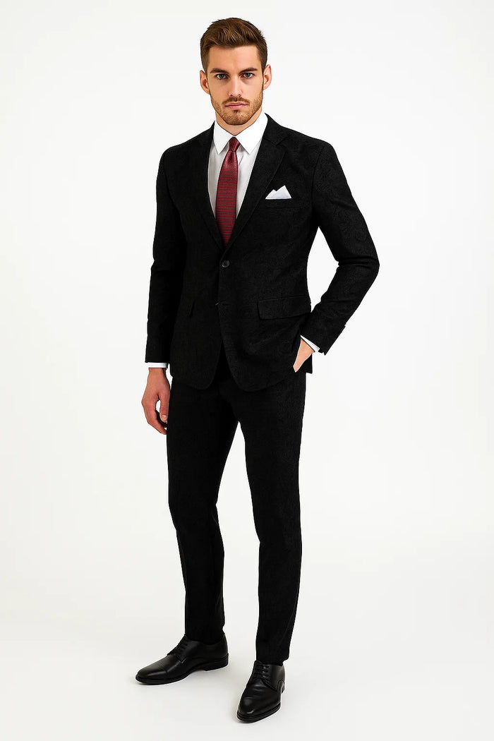 Men's 2 Button Paisley Designed Black Velvet Suit - Image 3