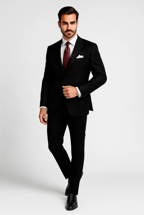 Men's 2 Button Paisley Designed Black Velvet Suit