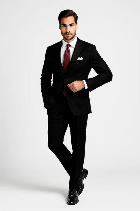 Men's 2 Button Paisley Designed Black Velvet Suit