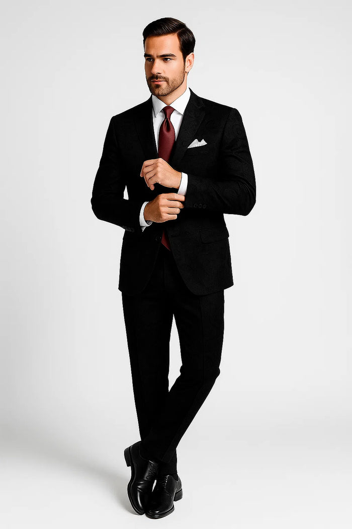Men's 2 Button Paisley Designed Black Velvet Suit - Image 8