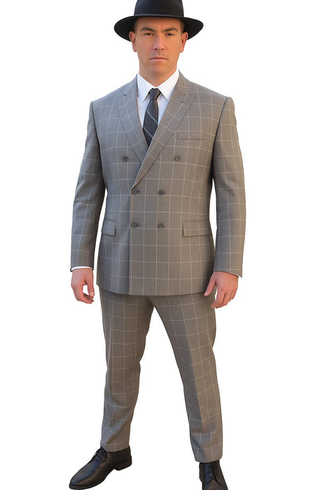 Gangster Suit - 1920 Mens Grey Pattern Suit With Grey Untochable Hat Shirt and Tie Combo