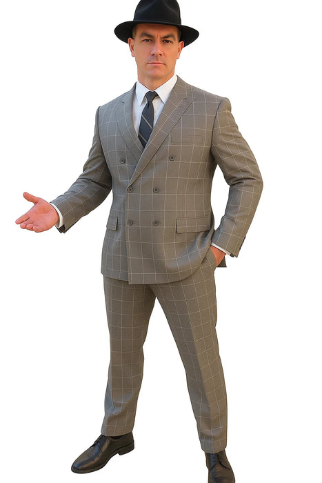 Gangster Suit - 1920 Mens Grey Pattern Suit With Grey Untochable Hat Shirt and Tie Combo