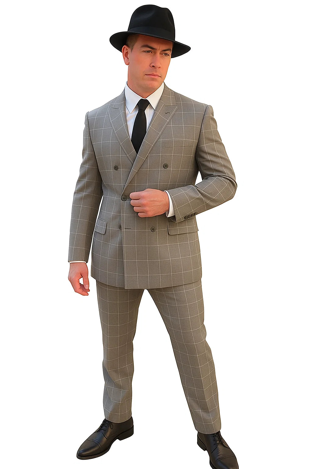 Gangster Suit - 1920 Mens Grey Pattern Suit With Grey Untochable Hat Shirt and Tie Combo - Image 4