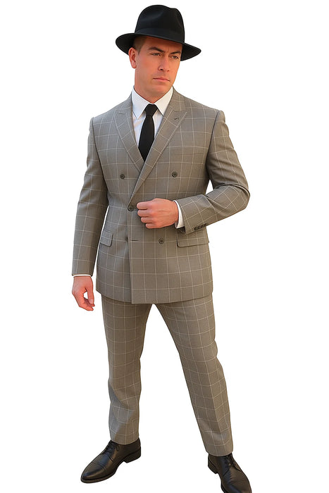 Gangster Suit - 1920 Mens Grey Pattern Suit With Grey Untochable Hat Shirt and Tie Combo