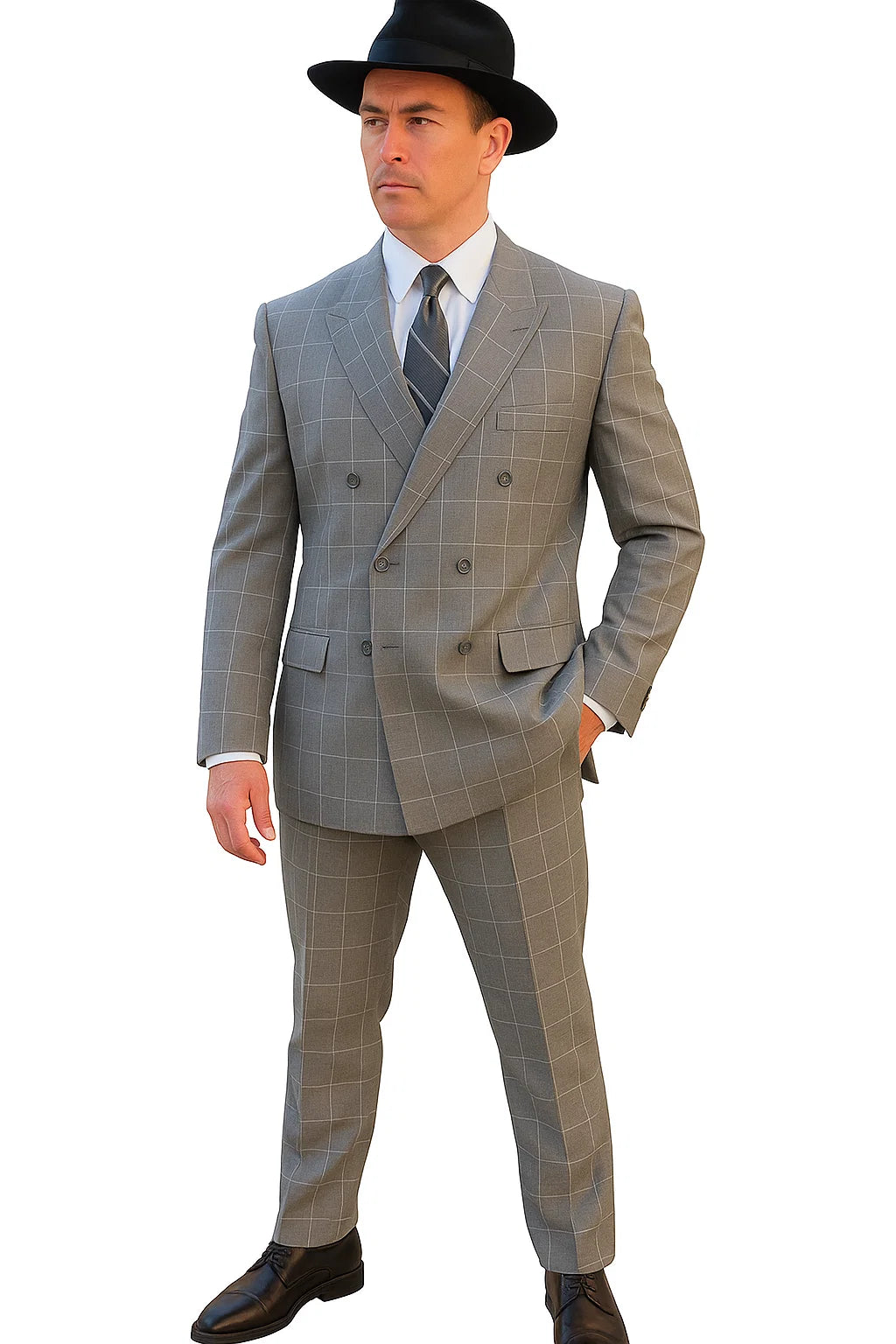 Gangster Suit - 1920 Mens Grey Pattern Suit With Grey Untochable Hat Shirt and Tie Combo - Image 7