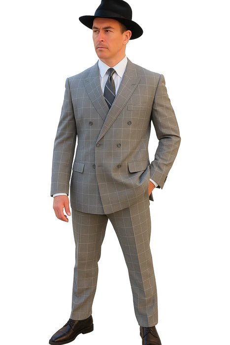 Gangster Suit - 1920 Mens Grey Pattern Suit With Grey Untochable Hat Shirt and Tie Combo