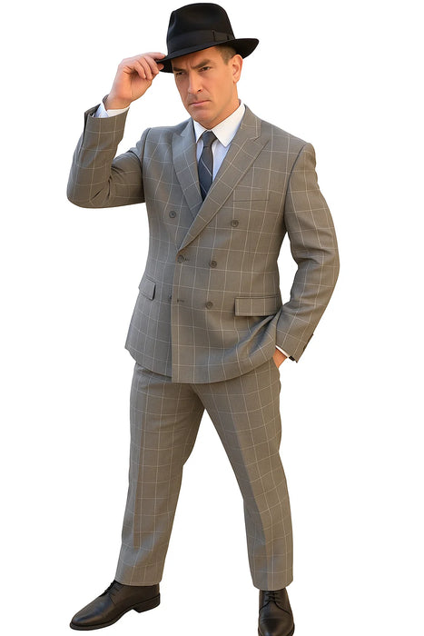Gangster Suit - 1920 Mens Grey Pattern Suit With Grey Untochable Hat Shirt and Tie Combo