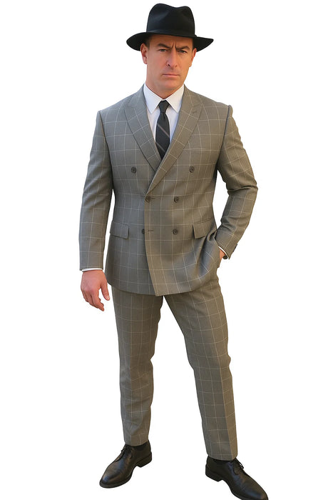 Gangster Suit - 1920 Mens Grey Pattern Suit With Grey Untochable Hat Shirt and Tie Combo