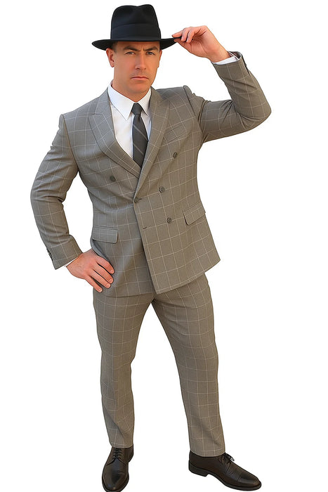 Gangster Suit - 1920 Mens Grey Pattern Suit With Grey Untochable Hat Shirt and Tie Combo