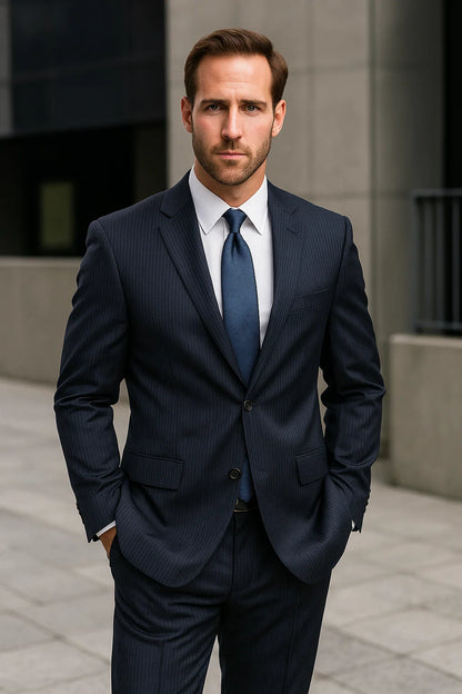 Men's Dark Navy Pinstripe Italian Design Suit - Image 8
