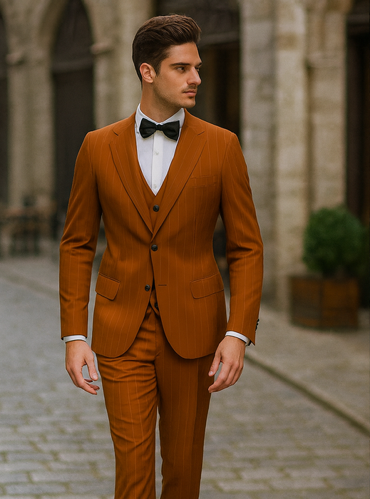 Stylish Modern Men’s Terracotta Orange Pinstriped Suit – Tazzio Skinny Fit Suit