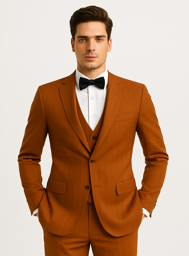 Stylish Modern Men’s Terracotta Orange Pinstriped Suit – Tazzio Skinny Fit Suit
