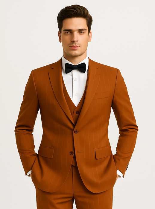 Stylish Modern Men’s Terracotta Orange Pinstriped Suit – Tazzio Skinny Fit Suit