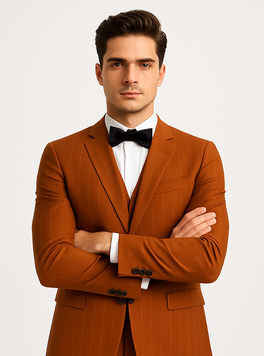 Stylish Modern Men’s Terracotta Orange Pinstriped Suit – Tazzio Skinny Fit Suit