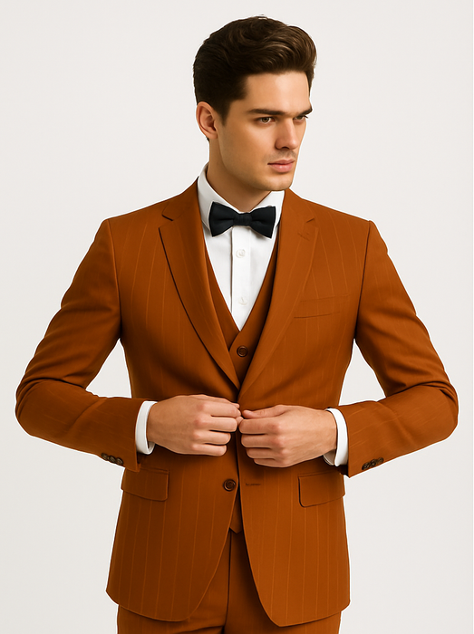 Stylish Modern Men’s Terracotta Orange Pinstriped Suit – Tazzio Skinny Fit Suit