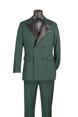 Mens Regular Fit Double Breasted Tuxedo with Satin Lapel and Bow Tie - Hunter Green