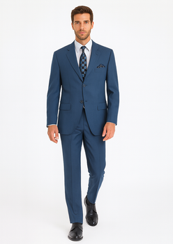 Teal Blue 3 Button Suit Jacket And Pleated Pants - Antique Blue Suit