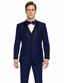 Teal Blue Indigo ~ Bright Blue Cobalt Blue (Dark Royal) Single Button Vested Black Lapel Two Toned Blue Tuxedo Shawl Collar