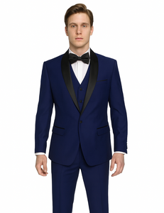 Teal Blue Indigo ~ Bright Blue Cobalt Blue (Dark Royal) Single Button Vested Black Lapel Two Toned Blue Tuxedo Shawl Collar