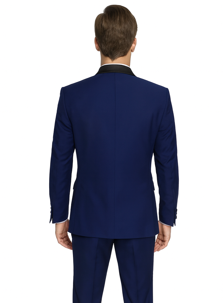 Teal Blue Indigo ~ Bright Blue Cobalt Blue (Dark Royal) Single Button Vested Black Lapel Two Toned Blue Tuxedo Shawl Collar