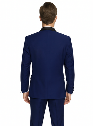 Teal Blue Indigo ~ Bright Blue Cobalt Blue (Dark Royal) Single Button Vested Black Lapel Two Toned Blue Tuxedo Shawl Collar
