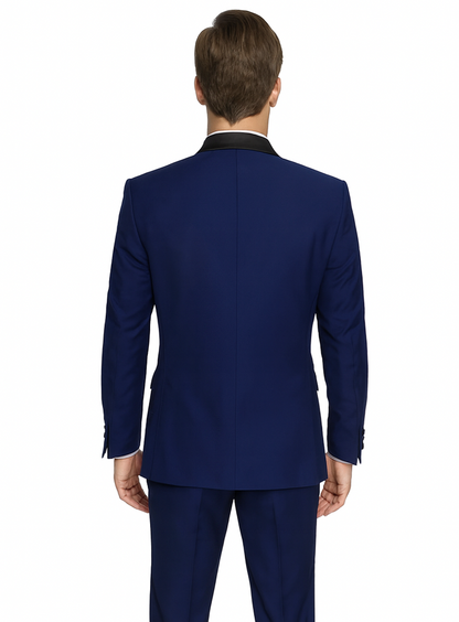 Teal Blue Indigo ~ Bright Blue Cobalt Blue (Dark Royal) Single Button Vested Black Lapel Two Toned Blue Tuxedo Shawl Collar