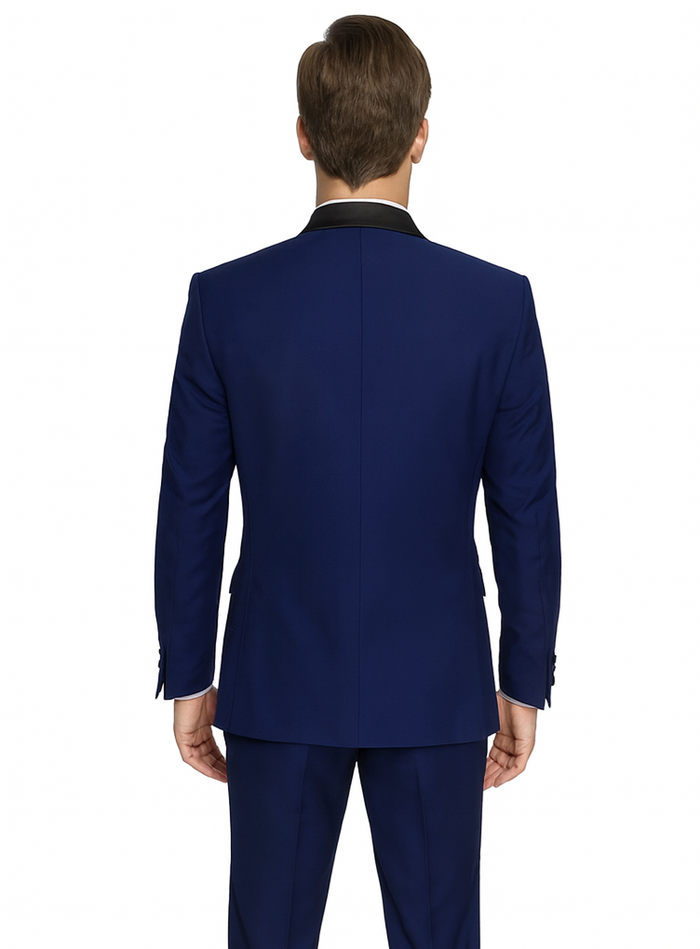 Teal Blue Indigo ~ Bright Blue Cobalt Blue (Dark Royal) Single Button Vested Black Lapel Two Toned Blue Tuxedo Shawl Collar