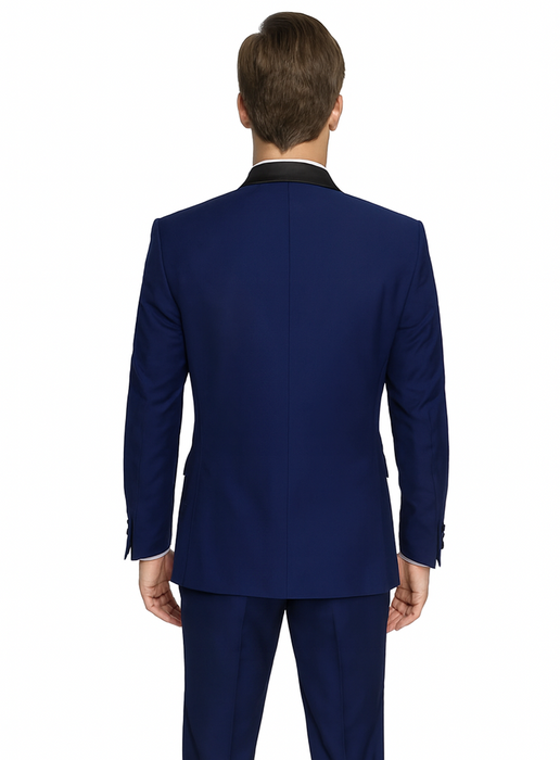 Teal Blue Indigo ~ Bright Blue Cobalt Blue (Dark Royal) Single Button Vested Black Lapel Two Toned Blue Tuxedo Shawl Collar