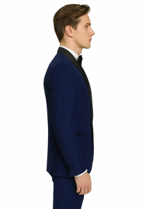 Teal Blue Indigo ~ Bright Blue Cobalt Blue (Dark Royal) Single Button Vested Black Lapel Two Toned Blue Tuxedo Shawl Collar