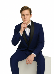 Teal Blue Indigo ~ Bright Blue Cobalt Blue (Dark Royal) Single Button Vested Black Lapel Two Toned Blue Tuxedo Shawl Collar