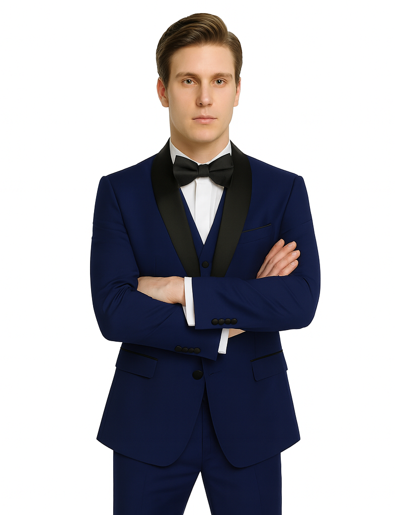 Teal Blue Indigo ~ Bright Blue Cobalt Blue (Dark Royal) Single Button Vested Black Lapel Two Toned Blue Tuxedo Shawl Collar
