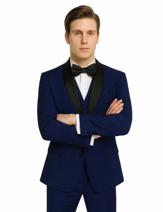 Teal Blue Indigo ~ Bright Blue Cobalt Blue (Dark Royal) Single Button Vested Black Lapel Two Toned Blue Tuxedo Shawl Collar