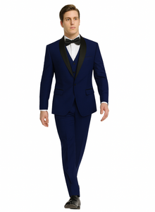 Teal Blue Indigo ~ Bright Blue Cobalt Blue (Dark Royal) Single Button Vested Black Lapel Two Toned Blue Tuxedo Shawl Collar
