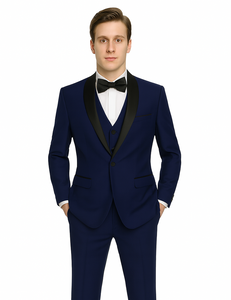 Teal Blue Indigo ~ Bright Blue Cobalt Blue (Dark Royal) Single Button Vested Black Lapel Two Toned Blue Tuxedo Shawl Collar