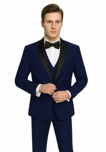 Teal Blue Indigo ~ Bright Blue Cobalt Blue (Dark Royal) Single Button Vested Black Lapel Two Toned Blue Tuxedo Shawl Collar
