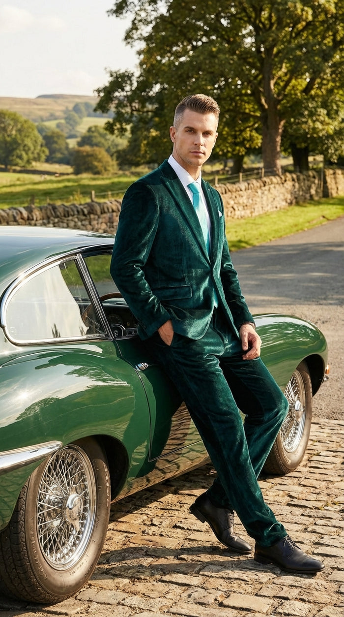 Mens Emerald Green Teal Blue Velvet Suit – Luxury Two Piece Formal Evening Suit Modern Fit