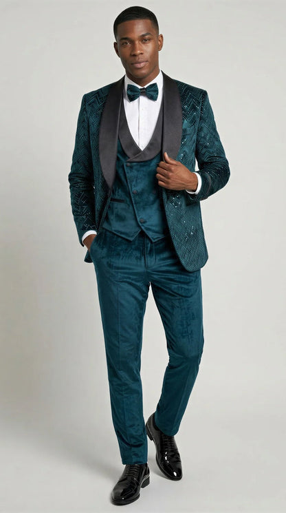 Men's Teal Green Velvet Patterned Shawl Lapel Tuxedo Set for Wedding & Prom
