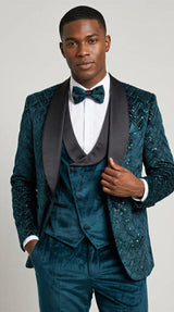 Men's Teal Green Velvet Patterned Shawl Lapel Tuxedo Set for Wedding & Prom