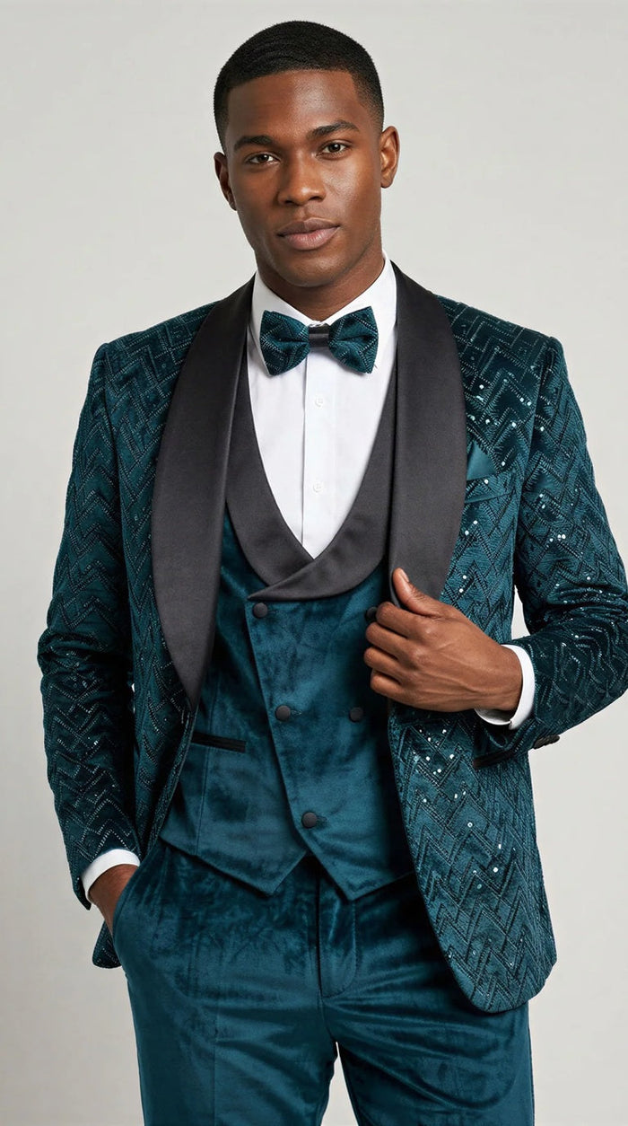 Men's Teal Green Velvet Patterned Shawl Lapel Tuxedo Set for Wedding & Prom