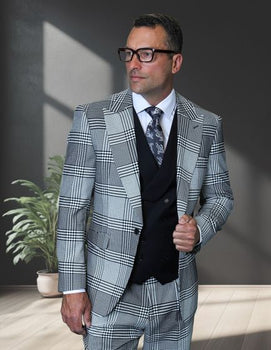 Statement Men's 3 Piece Plaid 100% Wool Modern Fit Suit - Double Breasted Vest