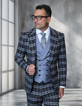 Statement Men's 3 Piece Plaid 100% Wool Modern Fit Suit - Double Breasted Vest