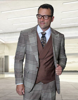 Statement Men's 3 Piece Plaid 100% Wool Modern Fit Suit - Double Breasted Vest