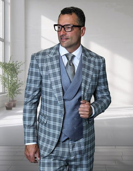 Statement Men's 3 Piece Plaid 100% Wool Modern Fit Suit - Double Breasted Vest