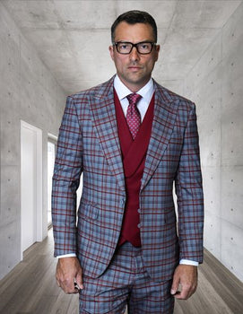 Statement Men's 3 Piece Plaid 100% Wool Modern Fit Suit - Double Breasted Vest
