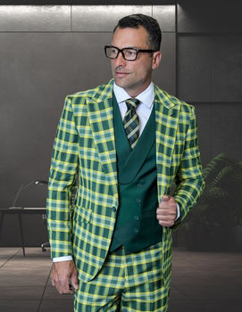 Statement Men's 3 Piece Plaid 100% Wool Modern Fit Suit - Double Breasted Vest
